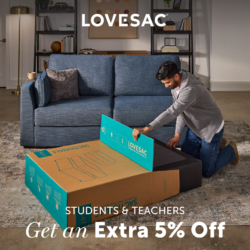 A man assembles a piece of furniture in a living room with a blue couch in the background. The image features the LOVESAC brand logo and text: "STUDENTS & TEACHERS Get an Extra 5% Off." Various items are on the shelves behind him.